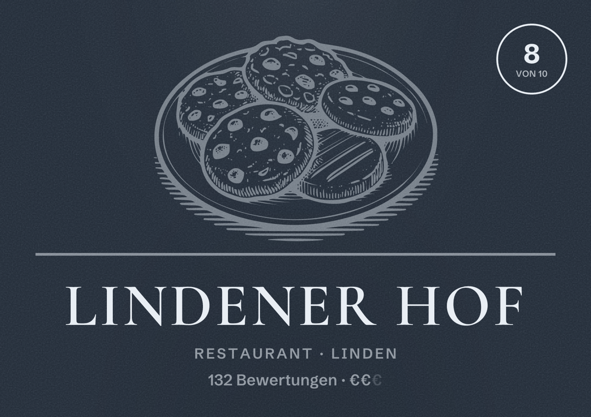 Illustriertes Poster von Lindener Hof, Restaurant in Linden: Bewertung 8 von 10 aus 132 Bewertungen, Preisniveau €€