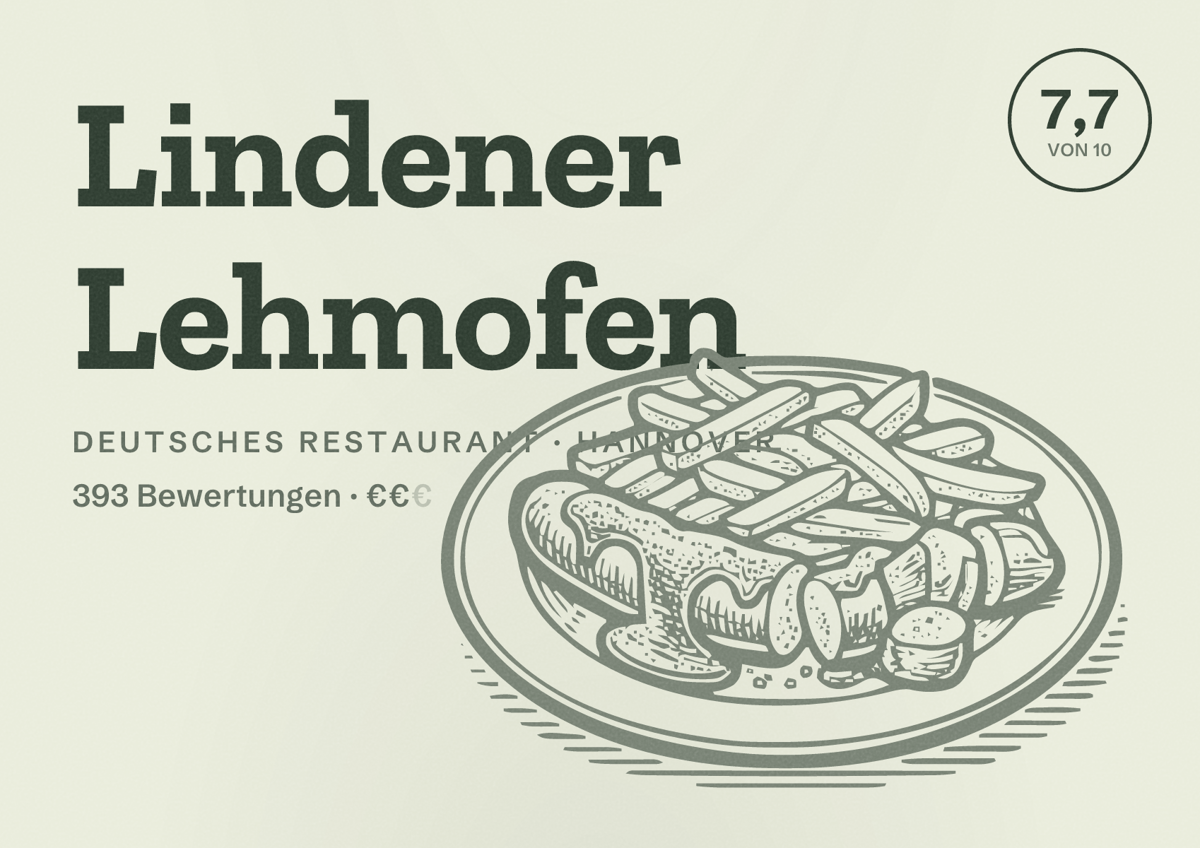 Illustriertes Poster von Lindener Lehmofen, Deutsches Restaurant in Hannover: Bewertung 7,7 von 10 aus 393 Bewertungen, Preisniveau €€