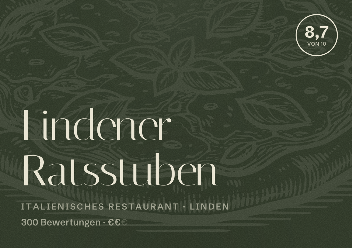 Illustriertes Poster von Lindener Ratsstuben, Italienisches Restaurant in Linden: Bewertung 8,7 von 10 aus 300 Bewertungen, Preisniveau €€