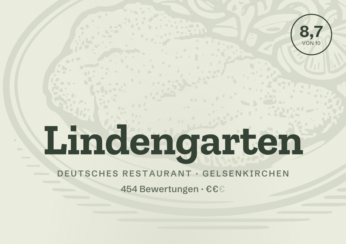 Illustriertes Poster von Lindengarten, Deutsches Restaurant in Gelsenkirchen: Bewertung 8,7 von 10 aus 454 Bewertungen, Preisniveau €€