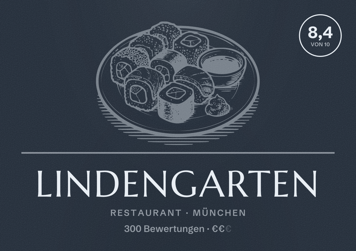 Illustriertes Poster von Lindengarten, Restaurant in München: Bewertung 8,4 von 10 aus 300 Bewertungen, Preisniveau €€
