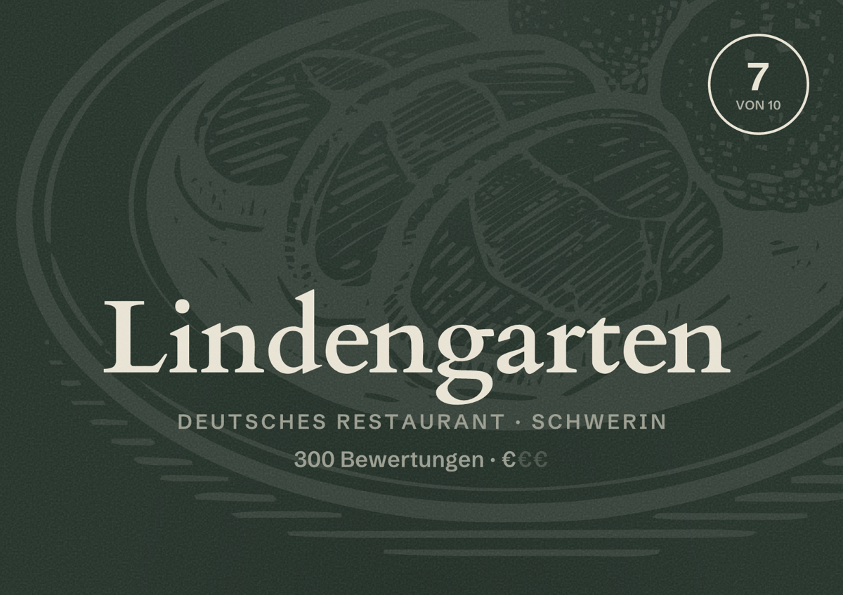 Illustriertes Poster von Lindengarten, Deutsches Restaurant in Schwerin: Bewertung 7 von 10 aus 300 Bewertungen, Preisniveau €