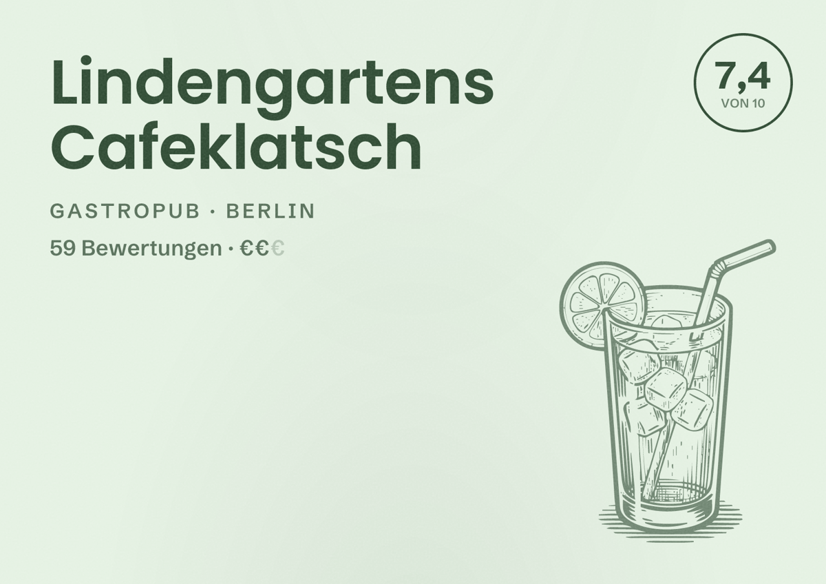 Illustriertes Poster von Lindengartens Cafeklatsch, Gastropub in Berlin: Bewertung 7,4 von 10 aus 59 Bewertungen, Preisniveau €€
