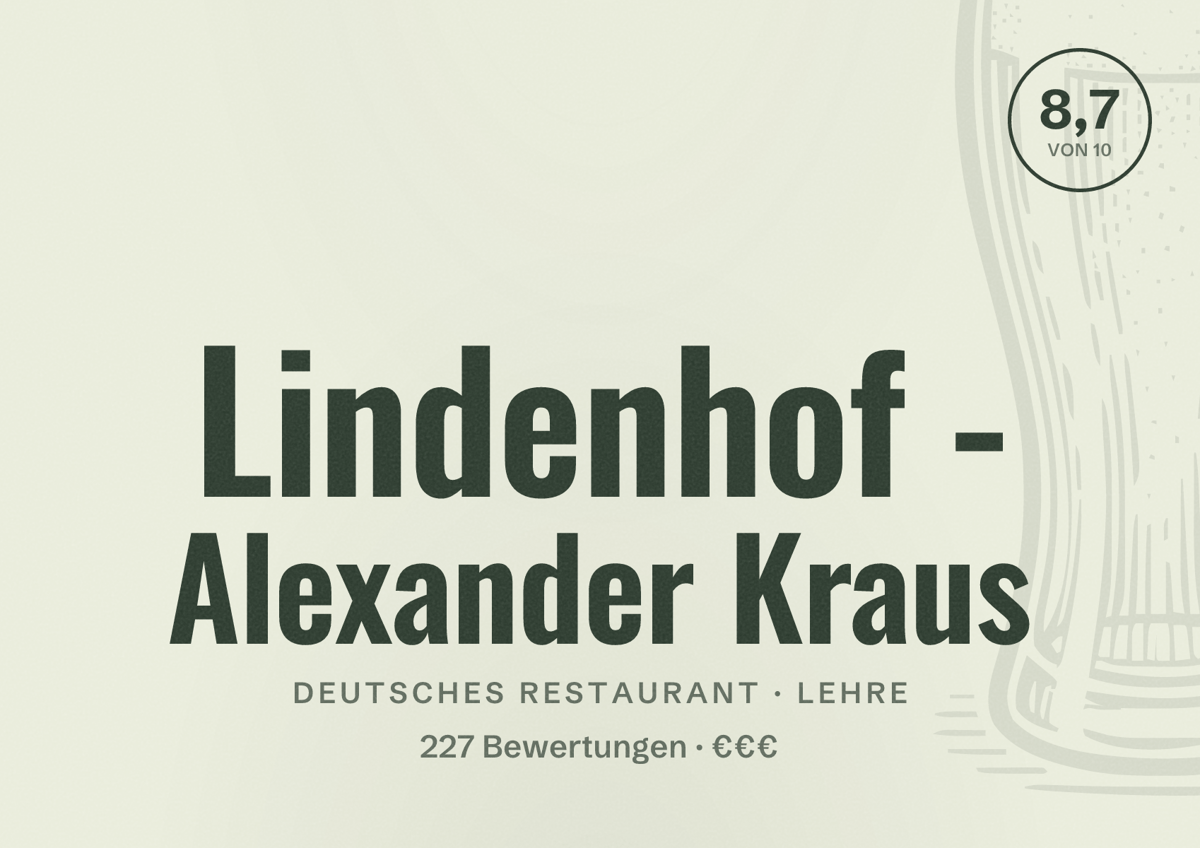 Illustriertes Poster von Lindenhof - Alexander Kraus, Deutsches Restaurant in Lehre: Bewertung 8,7 von 10 aus 227 Bewertungen, Preisniveau €€€