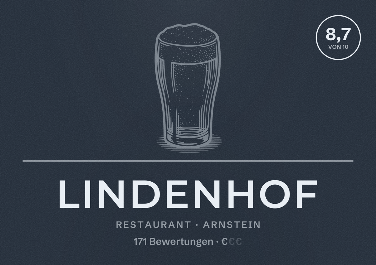 Illustriertes Poster von Lindenhof, Restaurant in Arnstein: Bewertung 8,7 von 10 aus 171 Bewertungen, Preisniveau €