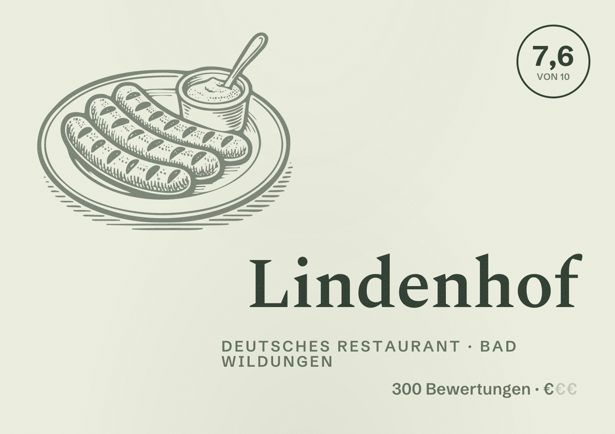 Illustriertes Poster von Lindenhof, Deutsches Restaurant in Bad Wildungen: Bewertung 7,6 von 10 aus 300 Bewertungen, Preisniveau €