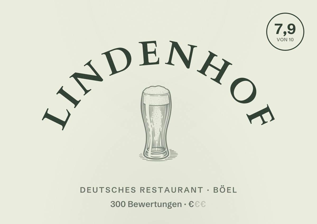 Illustriertes Poster von Lindenhof, Deutsches Restaurant in Böel: Bewertung 7,9 von 10 aus 300 Bewertungen, Preisniveau €