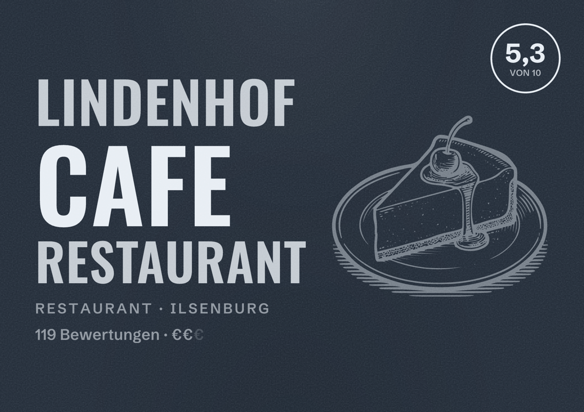 Illustriertes Poster von Lindenhof Cafe Restaurant, Restaurant in Ilsenburg: Bewertung 5,3 von 10 aus 119 Bewertungen, Preisniveau €€