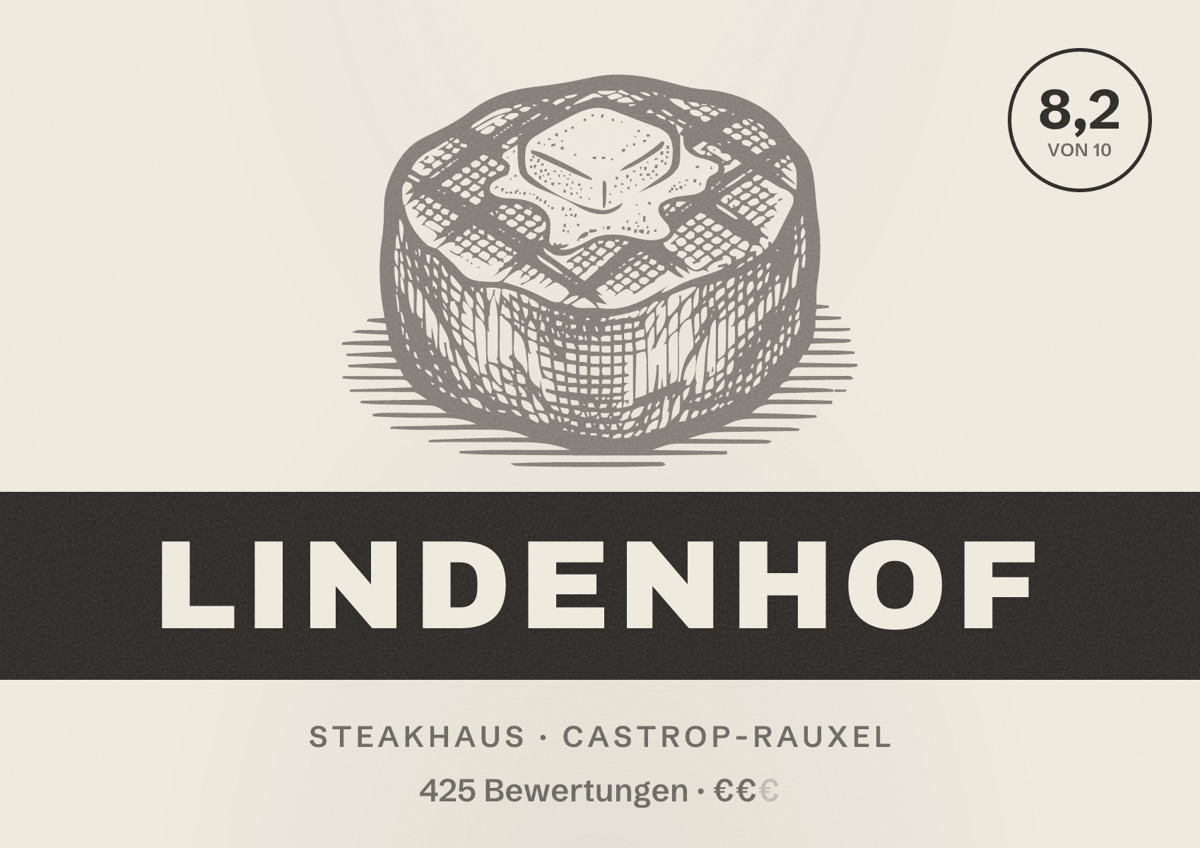 Illustriertes Poster von Lindenhof, Steakhaus in Castrop-Rauxel: Gästebewertung 8,2 von 10 aus 425 Bewertungen