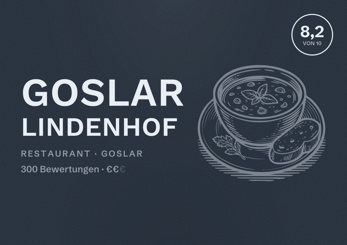 Illustriertes Poster von Goslar Lindenhof, Restaurant in Goslar: Bewertung 8,2 von 10 aus 300 Bewertungen, Preisniveau €€