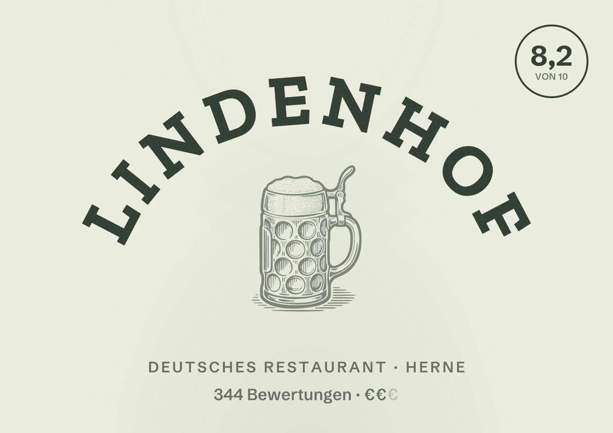 Illustriertes Poster von Lindenhof, Deutsches Restaurant in Herne: Bewertung 8,2 von 10 aus 344 Bewertungen, Preisniveau €€