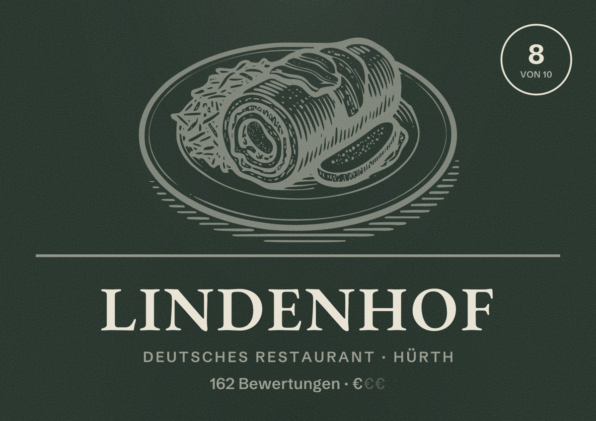 Illustriertes Poster von Lindenhof, Deutsches Restaurant in Hürth: Bewertung 8 von 10 aus 162 Bewertungen, Preisniveau €