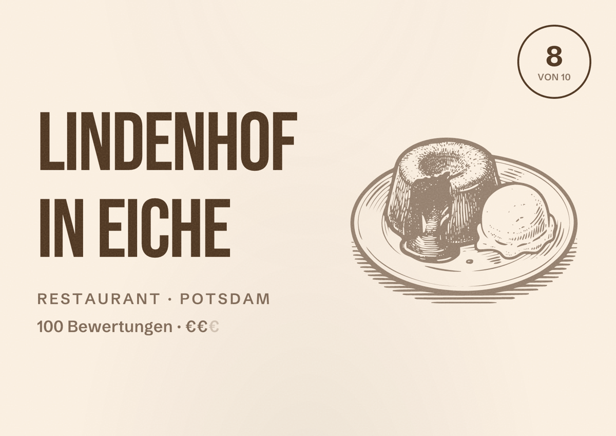 Illustriertes Poster von Lindenhof in Eiche, Restaurant in Potsdam: Bewertung 8 von 10 aus 100 Bewertungen, Preisniveau €€