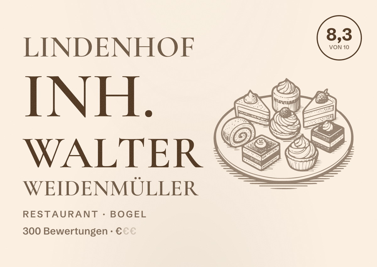Illustriertes Poster von Lindenhof Inh. Walter Weidenmüller, Restaurant in Bogel: Bewertung 8,3 von 10 aus 300 Bewertungen, Preisniveau €