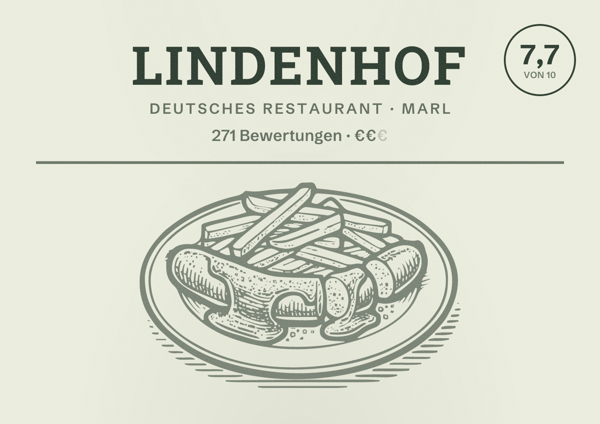 Illustriertes Poster von Lindenhof, Deutsches Restaurant in Marl: Bewertung 7,7 von 10 aus 271 Bewertungen, Preisniveau €€