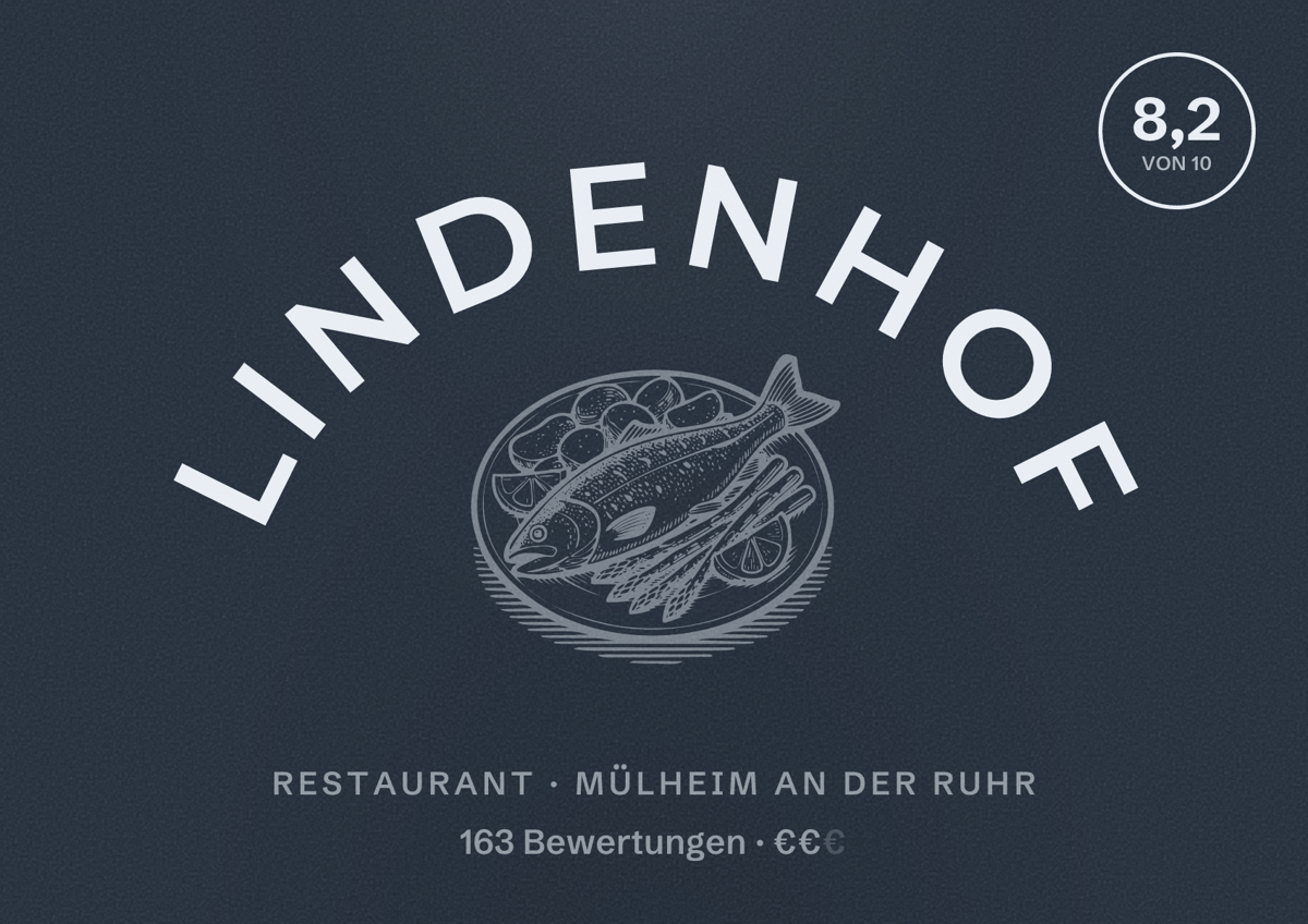 Illustriertes Poster von Lindenhof, Restaurant in Mülheim an der Ruhr: Bewertung 8,2 von 10 aus 163 Bewertungen, Preisniveau €€