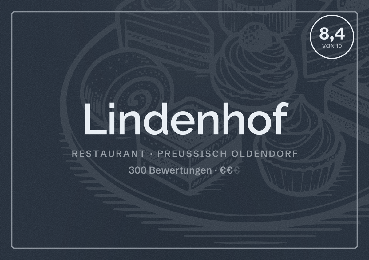 Illustriertes Poster von Lindenhof, Restaurant in Preußisch Oldendorf: Bewertung 8,4 von 10 aus 300 Bewertungen, Preisniveau €€
