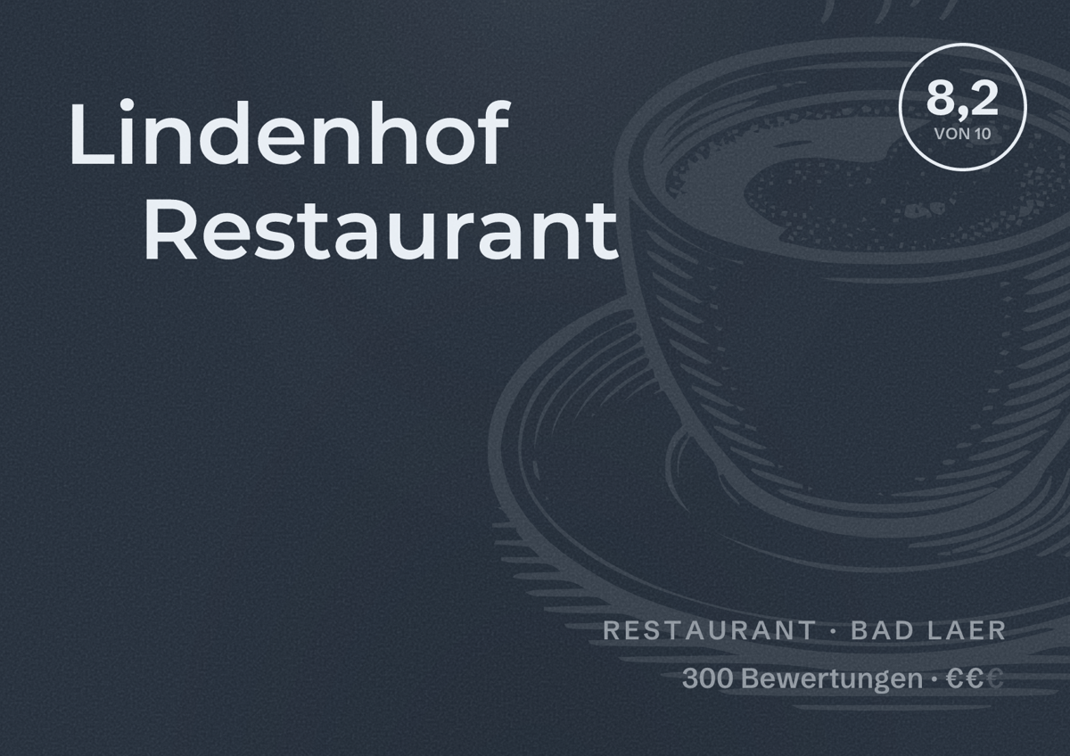 Illustriertes Poster von Lindenhof Restaurant, Restaurant in Bad Laer: Bewertung 8,2 von 10 aus 300 Bewertungen, Preisniveau €€