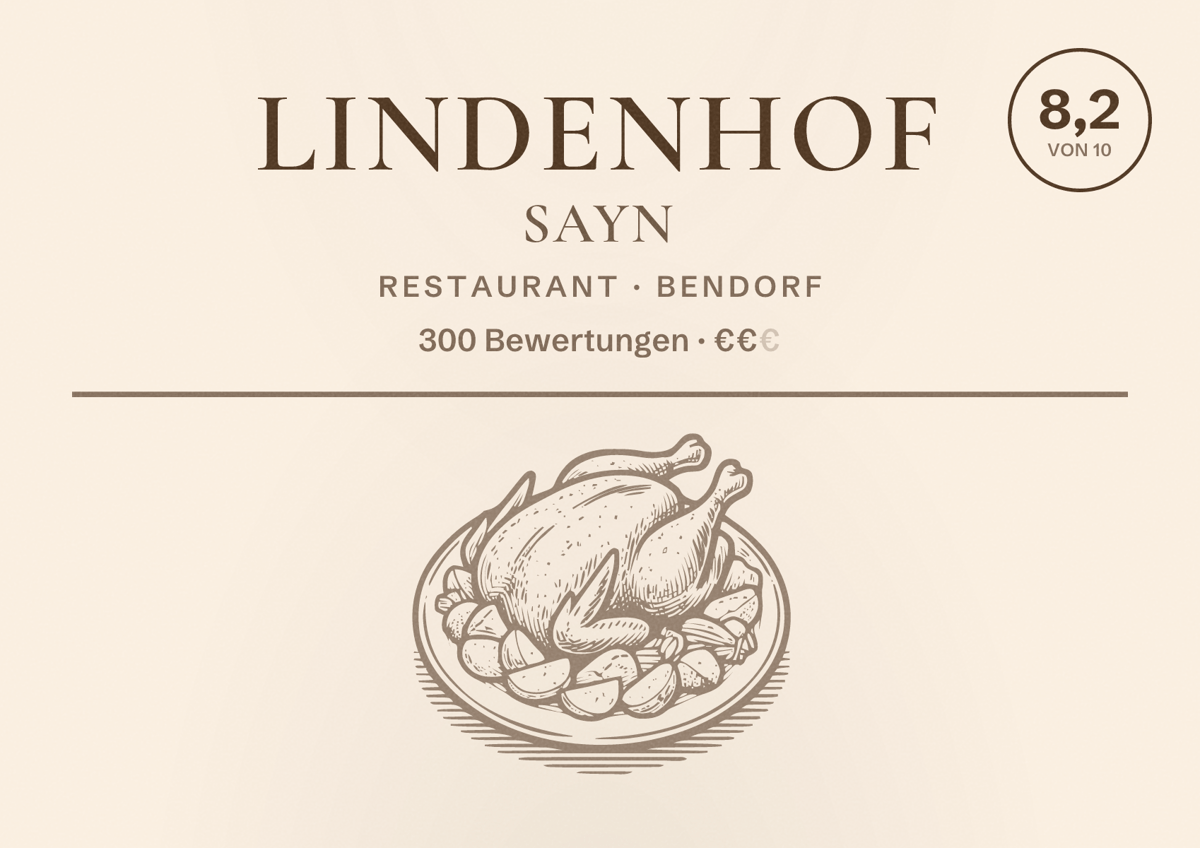 Illustriertes Poster von Lindenhof Sayn, Restaurant in Bendorf: Bewertung 8,2 von 10 aus 300 Bewertungen, Preisniveau €€