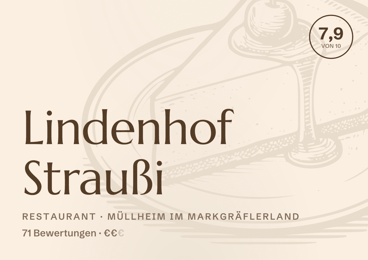 Illustriertes Poster von Lindenhof Straußi, Restaurant in Müllheim im Markgräflerland: Bewertung 7,9 von 10 aus 71 Bewertungen, Preisniveau €€