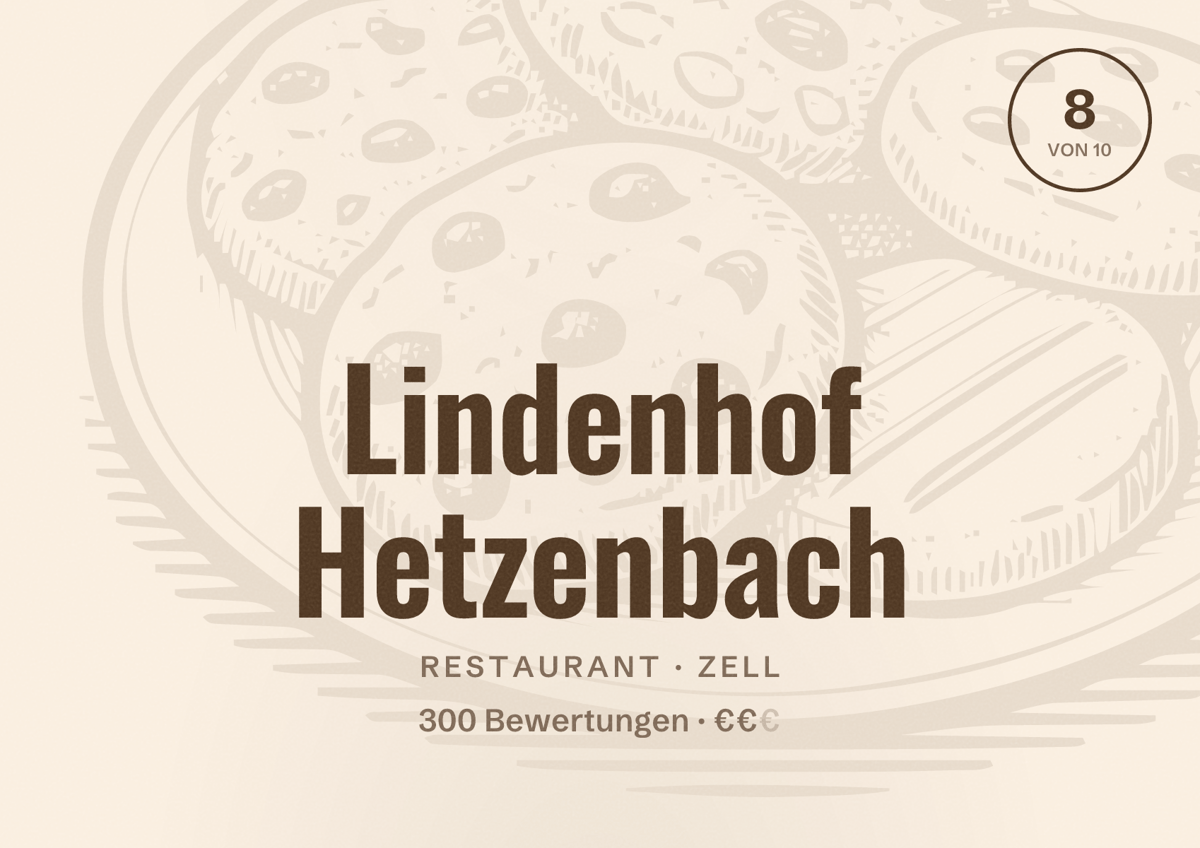 Illustriertes Poster von Lindenhof Hetzenbach, Restaurant in Zell: Bewertung 8 von 10 aus 300 Bewertungen, Preisniveau €€