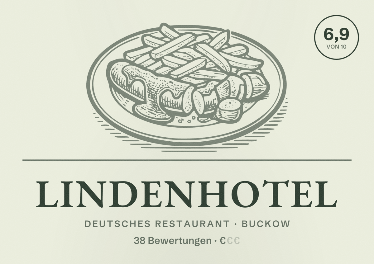 Illustriertes Poster von Lindenhotel, Deutsches Restaurant in Buckow: Bewertung 6,9 von 10 aus 38 Bewertungen, Preisniveau €