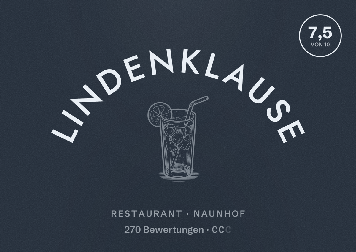 Illustriertes Poster von Lindenklause, Restaurant in Naunhof: Bewertung 7,5 von 10 aus 270 Bewertungen, Preisniveau €€
