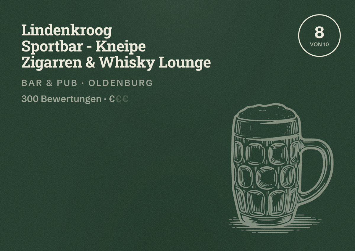 Illustriertes Poster von Lindenkroog Sportbar - Kneipe Zigarren & Whisky Lounge, Bar & Pub in Oldenburg: Bewertung 8 von 10 aus 300 Bewertungen, Preisniveau €