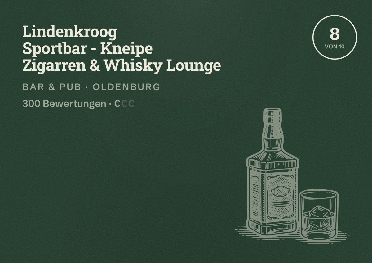 Illustriertes Poster von Lindenkroog Sportbar - Kneipe Zigarren & Whisky Lounge, Bar & Pub in Oldenburg: Bewertung 8,0 von 10 aus 300 Bewertungen, Preisniveau €