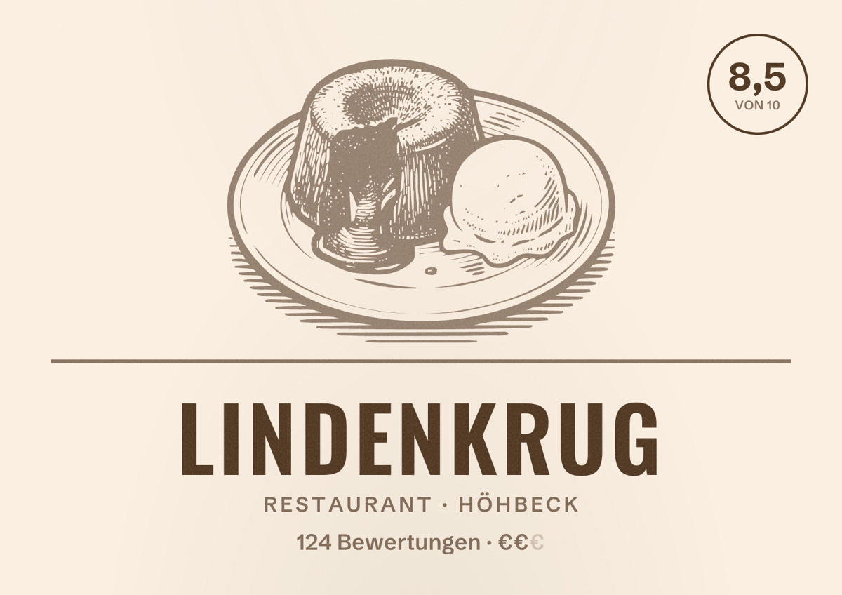 Illustriertes Poster von Lindenkrug, Restaurant in Höhbeck: Bewertung 8,5 von 10 aus 124 Bewertungen, Preisniveau €€