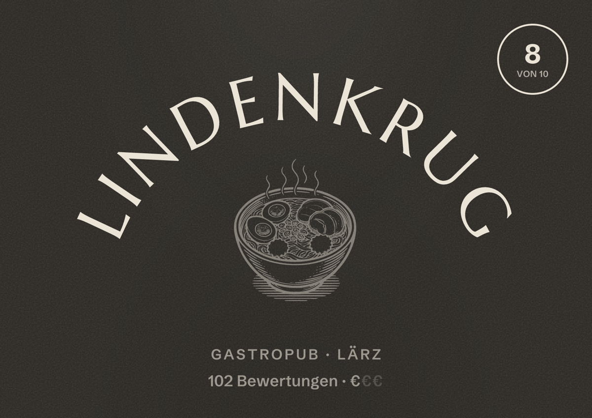 Illustriertes Poster von Lindenkrug, Gastropub in Lärz: Bewertung 8 von 10 aus 102 Bewertungen, Preisniveau €