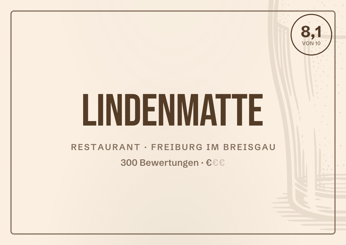 Illustriertes Poster von Lindenmatte, Restaurant in Freiburg im Breisgau: Bewertung 8,1 von 10 aus 300 Bewertungen, Preisniveau €