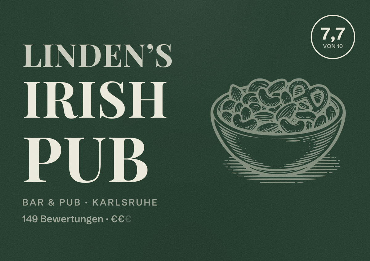 Illustriertes Poster von Linden’s Irish Pub, Bar & Pub in Karlsruhe: Bewertung 7,7 von 10 aus 149 Bewertungen, Preisniveau €€