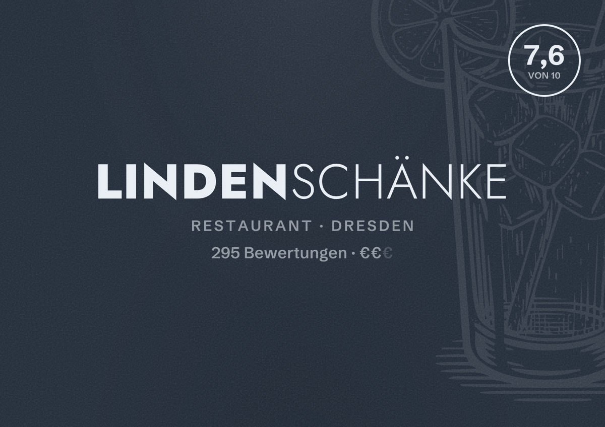 Illustriertes Poster von Lindenschänke, Restaurant in Dresden: Bewertung 7,6 von 10 aus 295 Bewertungen, Preisniveau €€