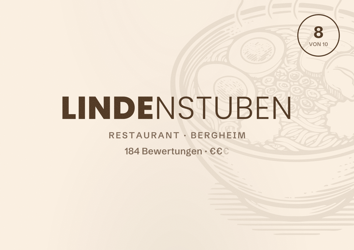 Illustriertes Poster von Lindenstuben, Restaurant in Bergheim: Bewertung 8 von 10 aus 184 Bewertungen, Preisniveau €€