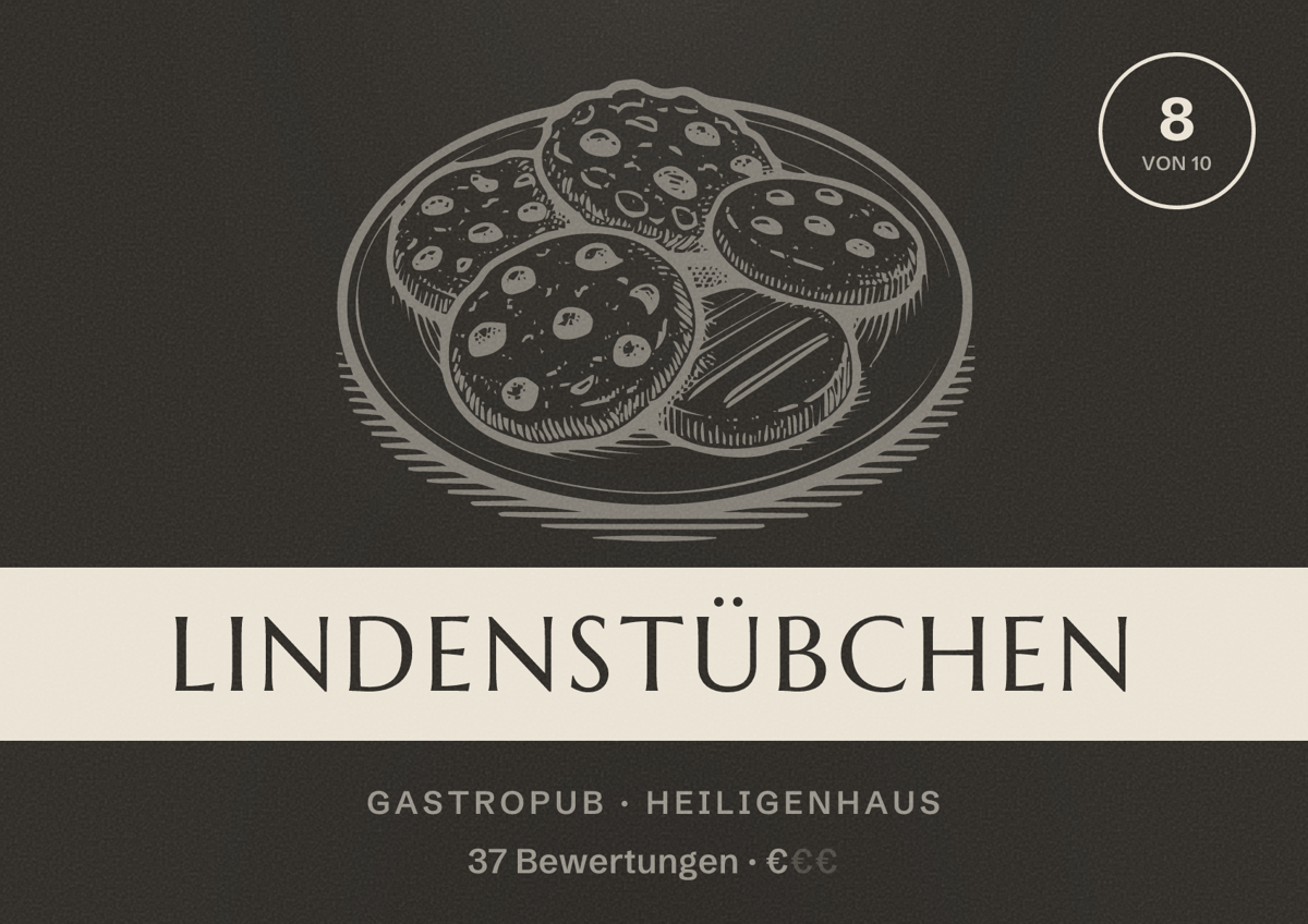 Illustriertes Poster von Lindenstübchen, Gastropub in Heiligenhaus: Bewertung 8 von 10 aus 37 Bewertungen, Preisniveau €