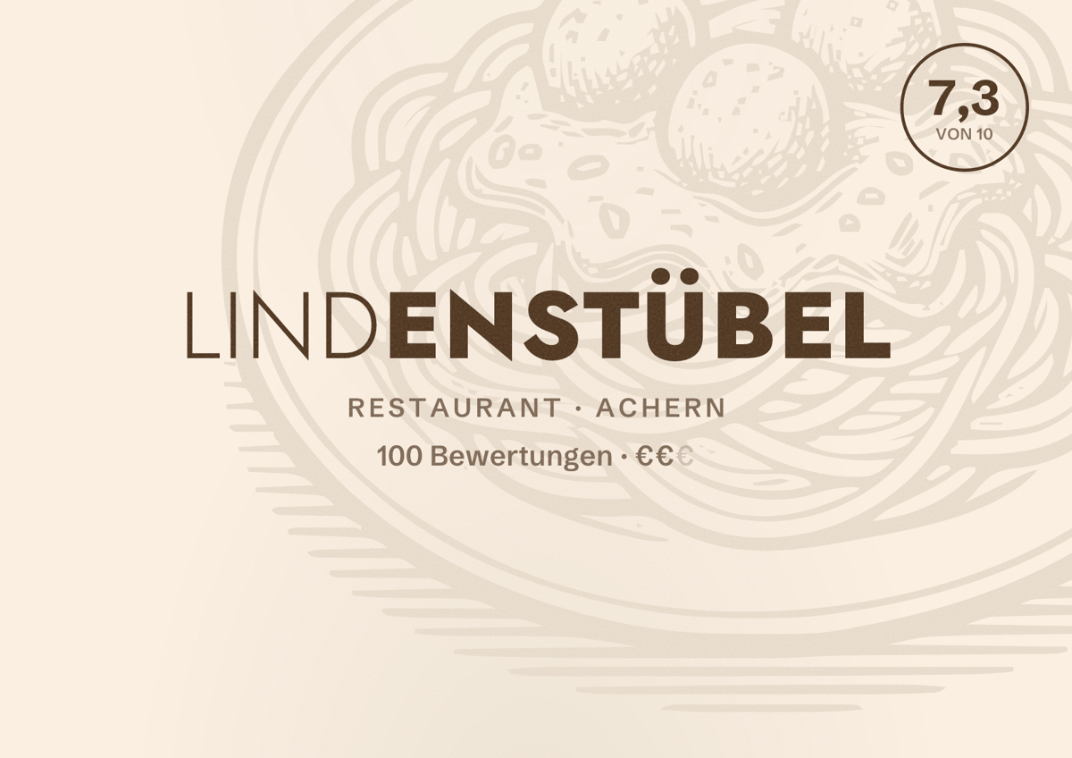Illustriertes Poster von Lindenstübel, Restaurant in Achern: Bewertung 7,3 von 10 aus 100 Bewertungen, Preisniveau €€