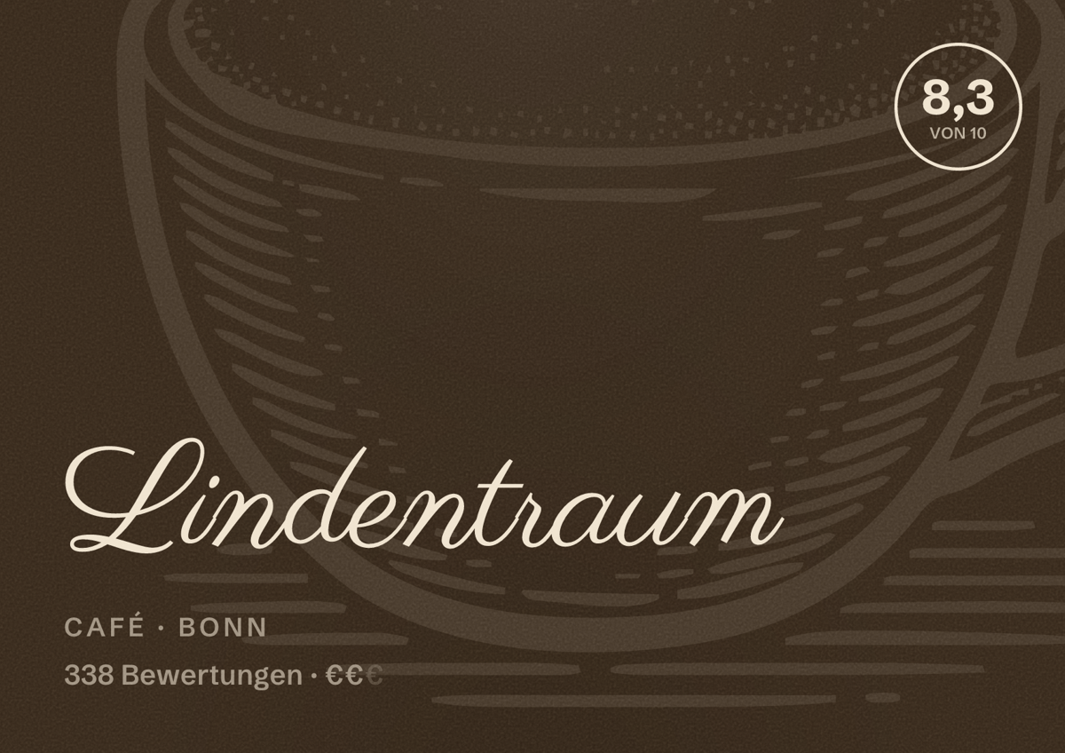Illustriertes Poster von Lindentraum, Café in Bonn: Bewertung 8,3 von 10 aus 338 Bewertungen, Preisniveau €€