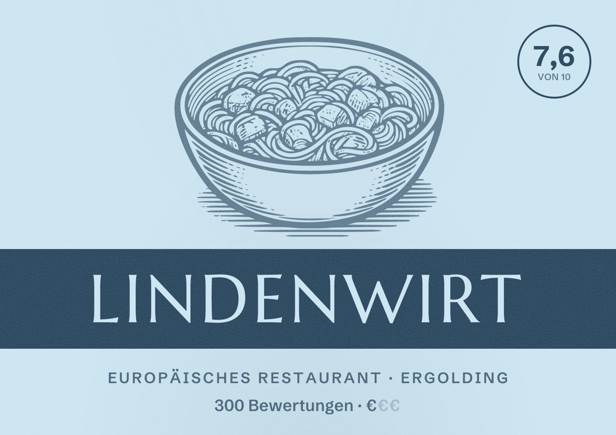 Illustriertes Poster von Lindenwirt, Europäisches Restaurant in Ergolding: Bewertung 7,6 von 10 aus 300 Bewertungen, Preisniveau €