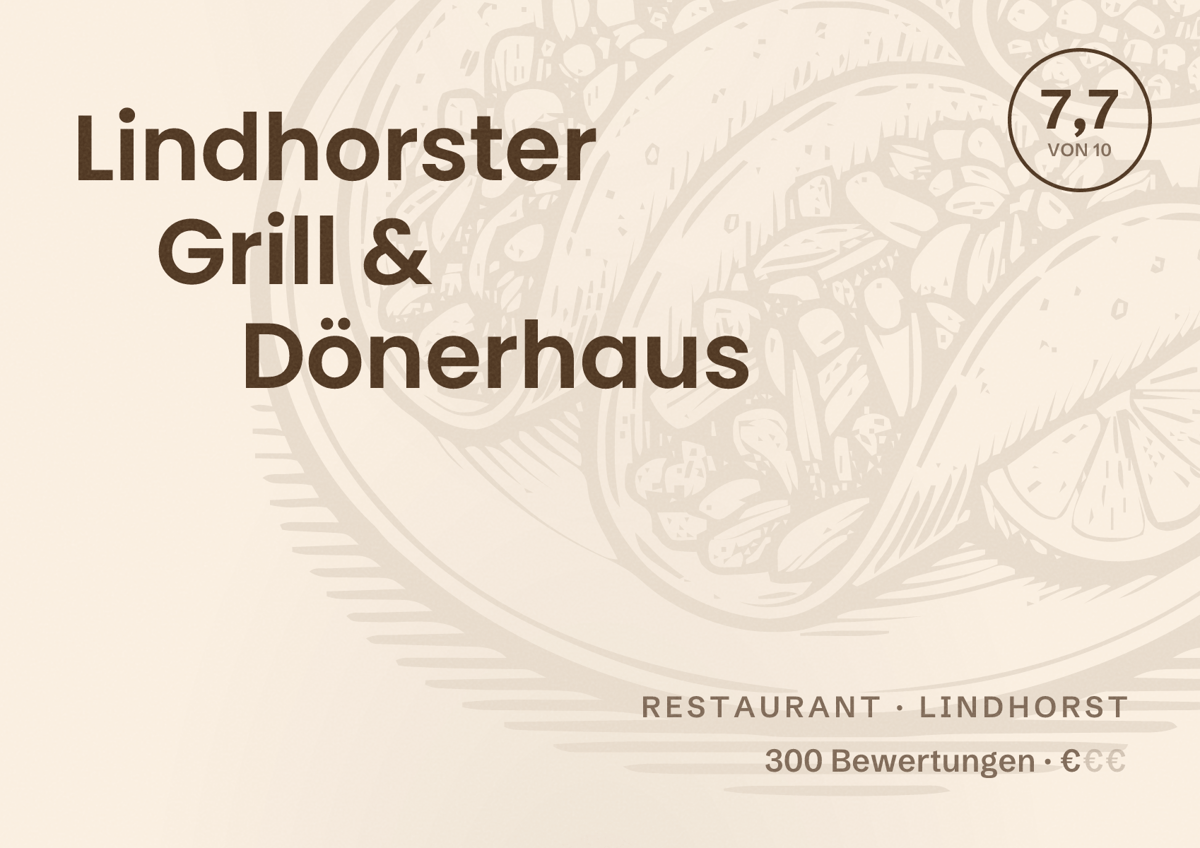 Illustriertes Poster von Lindhorster Grill & Dönerhaus, Restaurant in Lindhorst: Bewertung 7,7 von 10 aus 300 Bewertungen, Preisniveau €