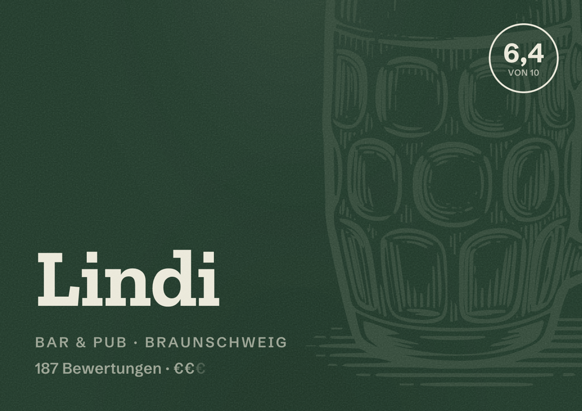 Illustriertes Poster von Lindi, Bar & Pub in Braunschweig: Bewertung 6,4 von 10 aus 187 Bewertungen, Preisniveau €€