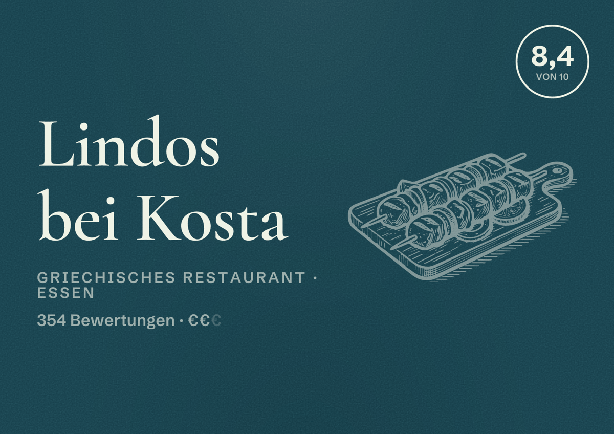 Illustriertes Poster von Lindos bei Kosta, Griechisches Restaurant in Essen: Bewertung 8,4 von 10 aus 354 Bewertungen, Preisniveau €€