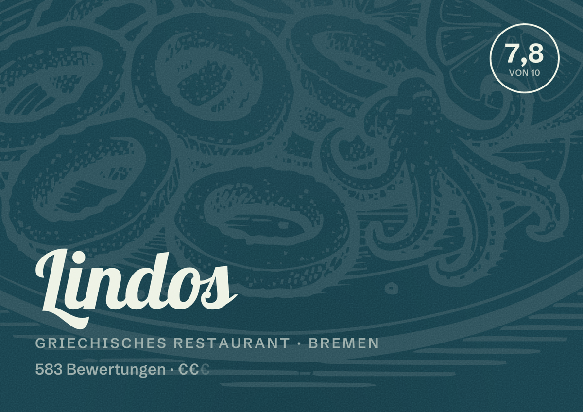Illustriertes Poster von Lindos, Griechisches Restaurant in Bremen: Bewertung 7,8 von 10 aus 583 Bewertungen, Preisniveau €€