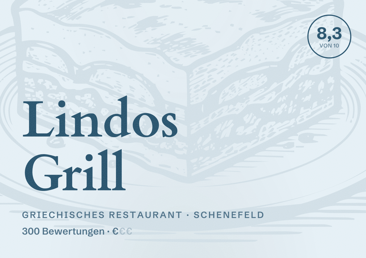 Illustriertes Poster von Lindos Grill, Griechisches Restaurant in Schenefeld: Bewertung 8,3 von 10 aus 300 Bewertungen, Preisniveau €