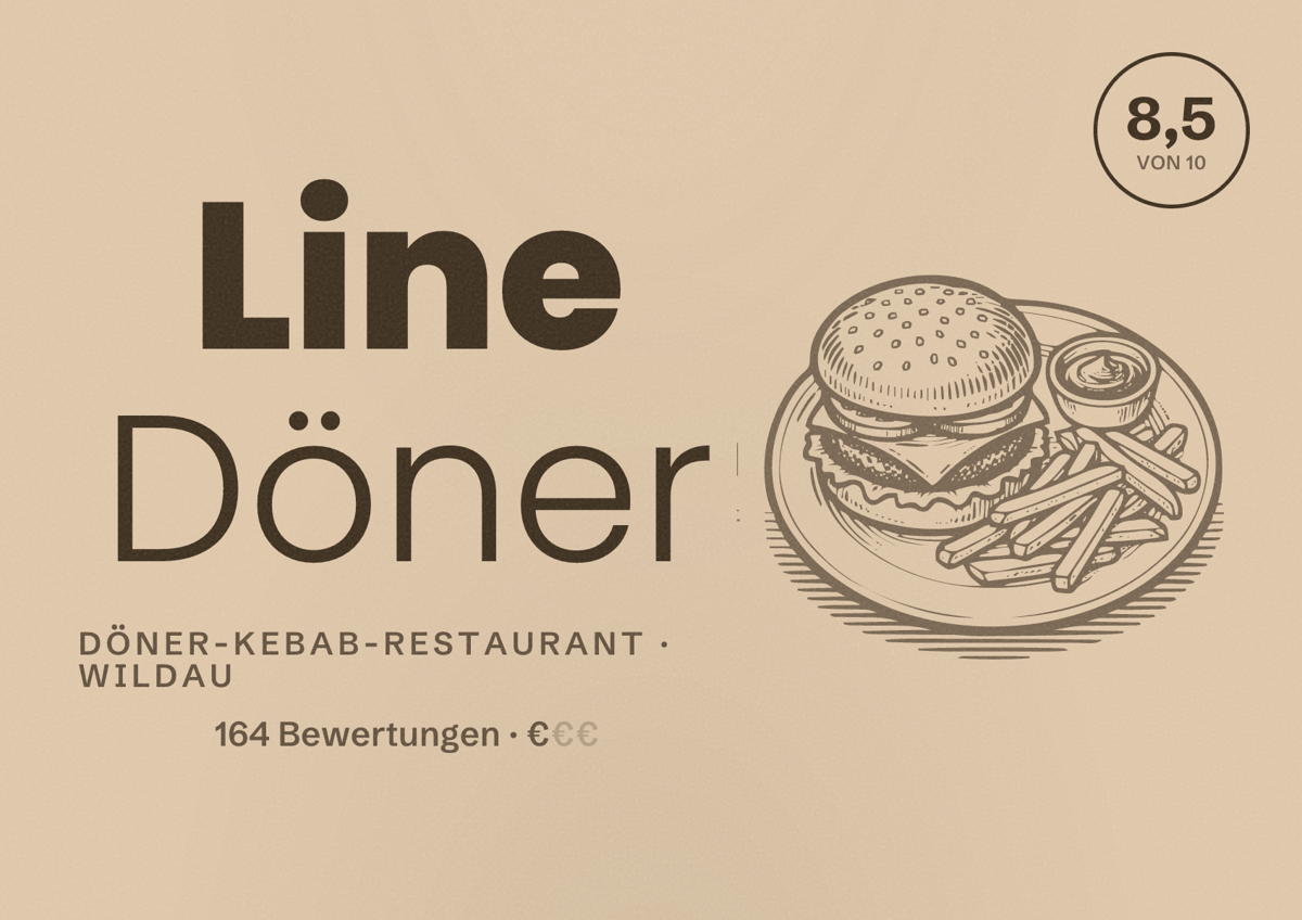 Illustriertes Poster von Line Döner, Döner-Kebab-Restaurant in Wildau: Bewertung 8,5 von 10 aus 164 Bewertungen, Preisniveau €