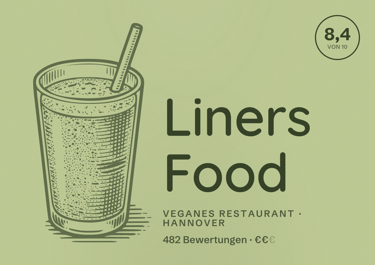 Illustriertes Poster von Liners Food, Veganes Restaurant in Hannover: Bewertung 8,4 von 10 aus 482 Bewertungen, Preisniveau €€