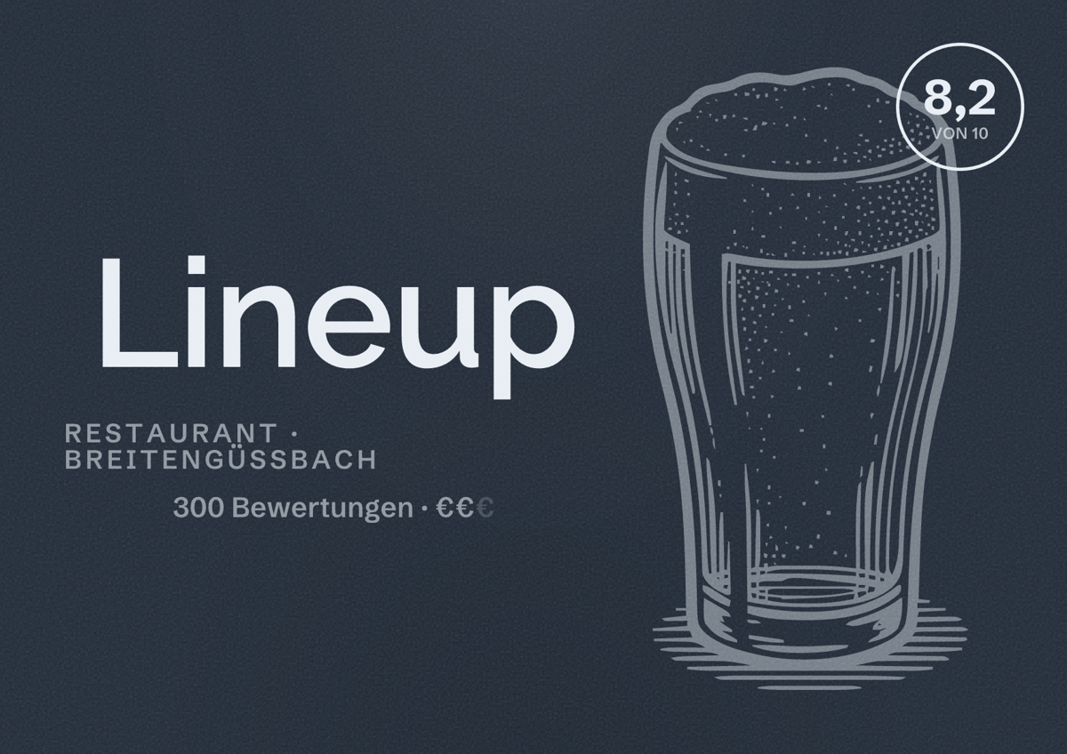 Illustriertes Poster von Lineup, Restaurant in Breitengüßbach: Bewertung 8,2 von 10 aus 300 Bewertungen, Preisniveau €€