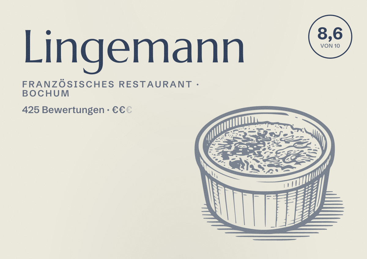 Illustriertes Poster von Lingemann, Französisches Restaurant in Bochum: Gästebewertung 8,6 von 10 aus 425 Bewertungen