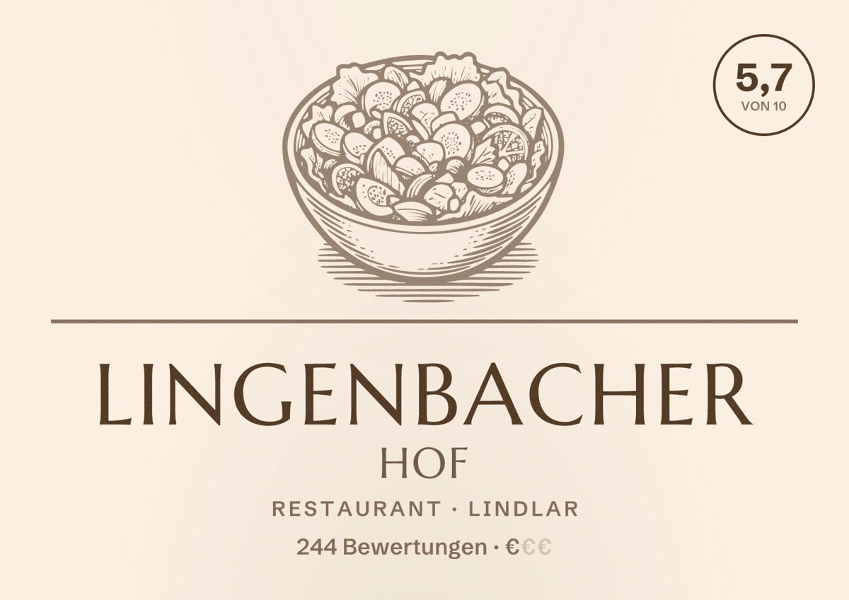 Illustriertes Poster von Lingenbacher Hof, Restaurant in Lindlar: Bewertung 5,7 von 10 aus 244 Bewertungen, Preisniveau €