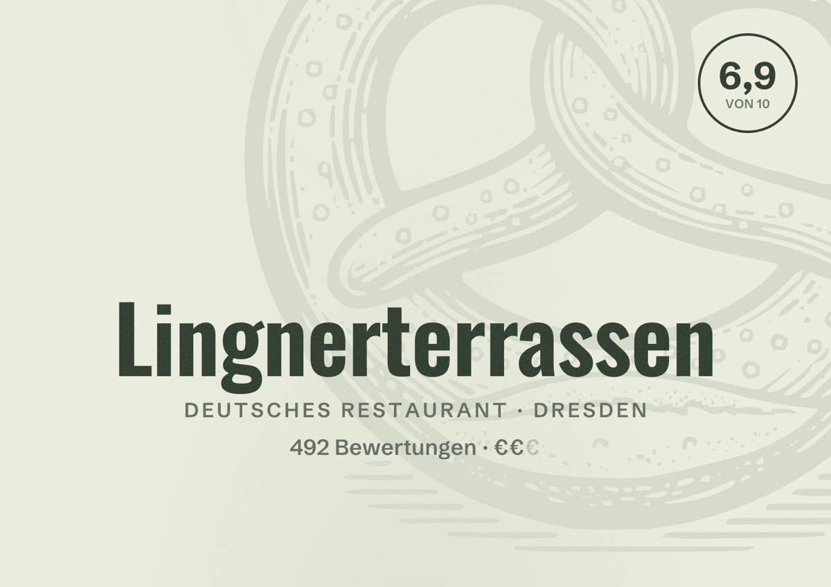 Illustriertes Poster von Lingnerterrassen, Deutsches Restaurant in Dresden: Bewertung 6,9 von 10 aus 492 Bewertungen, Preisniveau €€